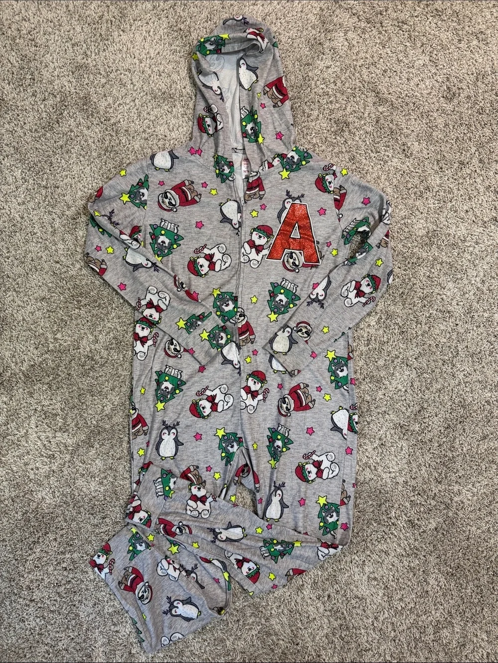 Justice Grey Holiday Penguin Hooded One-Piece Pajamas-Red 'A' Accent Size 14/16